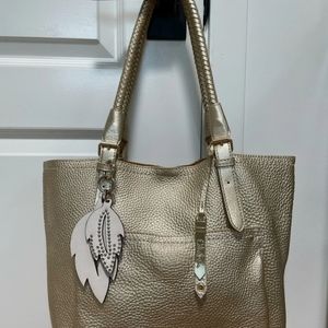 COLE HAAN GOLD Pebbled Leather Braided Handle 2 Way Tote Bag w/Charm